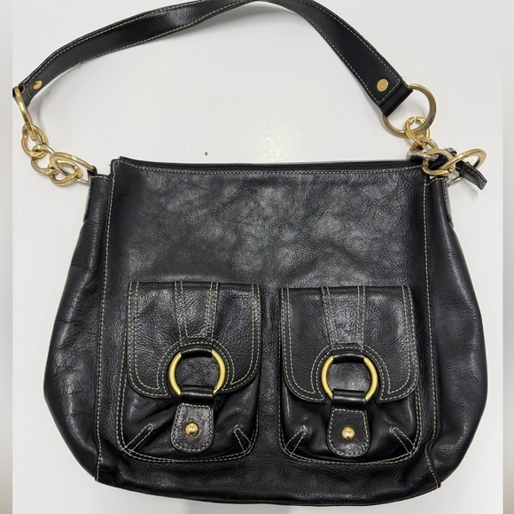 Kate Landry Handbags - Kate Landry Black Leather Shoulder Bag with Dual Front Pockets & Gold Hardware